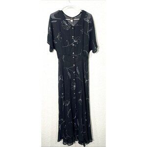 Jila Vtg Black Sheer Floral Print Button Front Maxi Dress Womens Size S Grunge